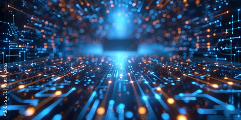 Poster illustrating a cuttingedge digital realm with a luminous blue binary data flow, showcasing the tech 