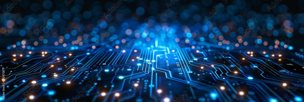 Poster high-tech digital circuit board with glowing blue and orange lights, representing data flow and conn
