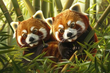 Fototapeta premium red pandas are seen amidst the bamboo, their faces full of curiosity. The green leaves and their fluffy tails create a picture of pure charm and natural beauty.