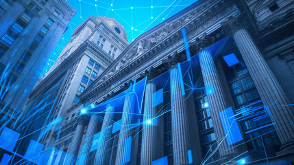 A stately bank building with a blue technology background, highlighting the role of financial institutions in money and finance investment, encouraging the deposit of cash into sav