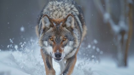 Fototapeta premium A fierce wolf moves silently through the snowy terrain, its gaze unwavering and determined. The icy landscape accentuates the wolf’s predatory instincts and the harsh beauty of its environment.
