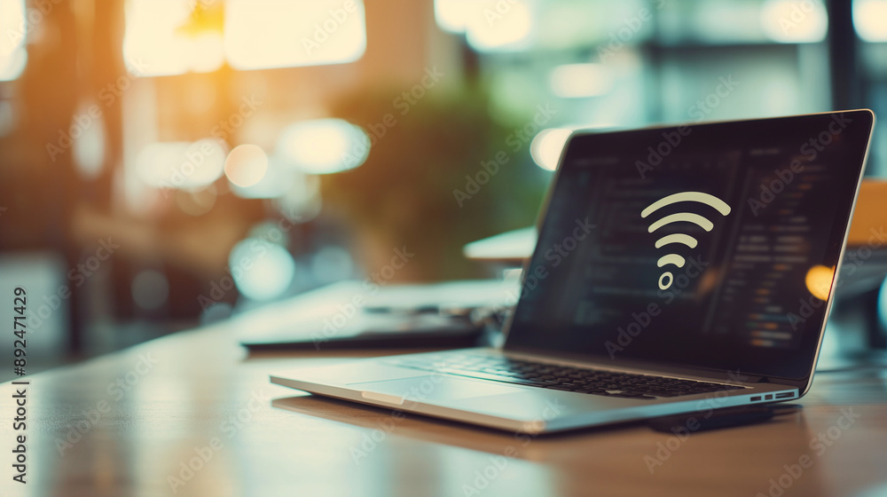 Poster online wi-fi internet symbol on a laptop notebook computer on an office table, highlighting wireless