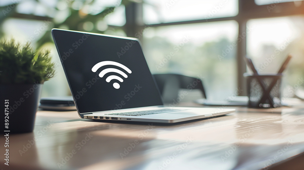 Aufkleber an office table with a laptop notebook computer showing the online wi-fi internet symbol, signifying