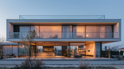 Fototapeta premium Sleek, minimalist suburban home with an emphasis on horizontal lines and a transparent facade, under a clear evening sky Ensure room for text