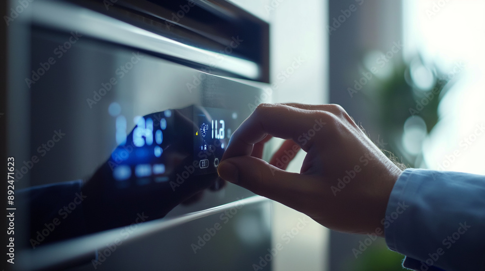 Poster detailed view of a man's hand operating the temperature settings on a smart air conditioner display 