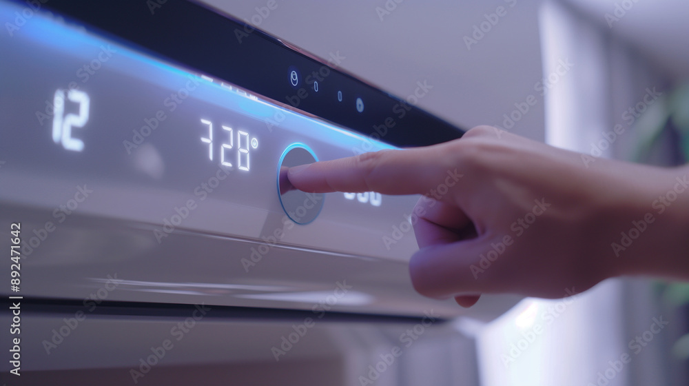 Poster man's hand close-up adjusting the temperature on a smart air conditioner display screen, emphasizing