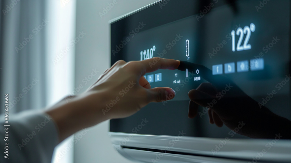 Poster man's hand close-up adjusting the temperature on a smart air conditioner display screen, emphasizing
