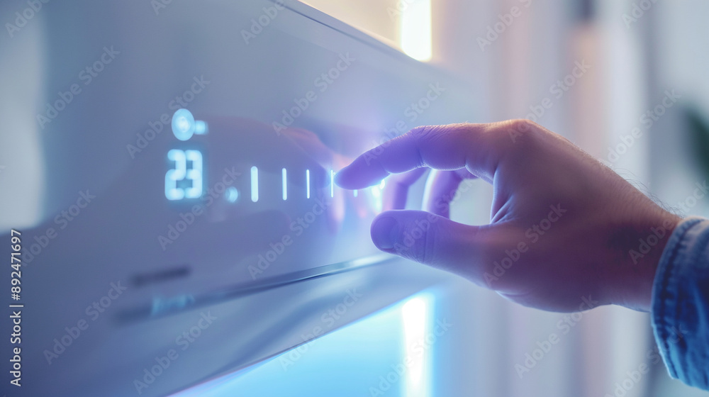 Poster man's hand close-up operating the temperature control on a smart air conditioner display screen, fea