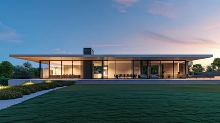 Fototapeta premium Sleek, modern home with a minimalist design, featuring a flat roof and a large front lawn under a twilight sky