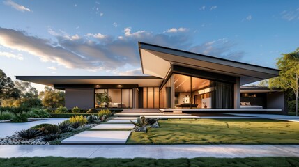 Sleek, modern suburban home with a minimalist aesthetic, featuring an angular roof and expansive front yard