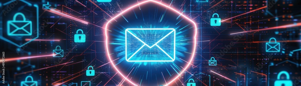 Poster digital representation of email security with neon symbols of envelopes and locks against a dark bac