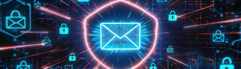 Naklejka premium Digital representation of email security with neon symbols of envelopes and locks against a dark background.