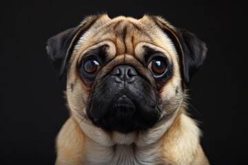 Frontal portrait of a pug dog with studio lighting and black background, captured with a 35mm lens, showcasing the dog's features in high detail.