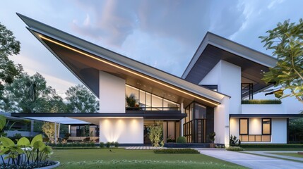 Sleek, modern suburban home with a minimalist aesthetic, featuring an angular roof and expansive front yard
