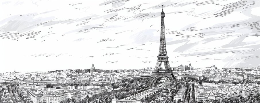 Hand-drawn sketch of Eiffel Tower with Paris cityscape.