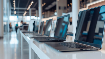 Assorted laptops lined up on a clean table in a sleek technology shop, each model ready for purchase. Electronic devices sale, small business, buy notebook computer, copy space