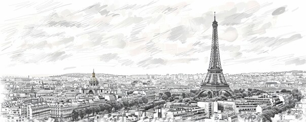 Hand-drawn sketch of Eiffel Tower with Paris cityscape.