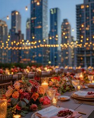 a long table with candles and flowers on it