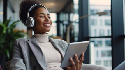 Joyful businesswoman wearing headphones and holding a tablet, smiling during an online meeting. Demonstrating the use of technology for business communication, female entrepreneur