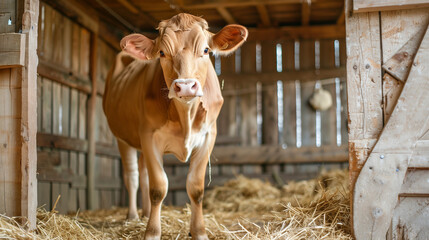 A brown cow standing in a wooden pen, surrounded by hay. A farm animal on a rural dairy farm where milk production takes place in a traditional way. 