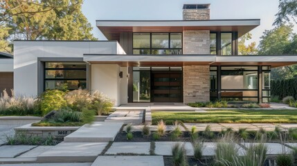Fototapeta premium Sleek suburban home with an emphasis on horizontal lines, featuring a clean, streamlined look and minimalist landscaping