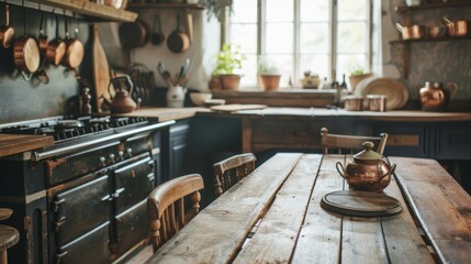 a rustic kitchen with wooden dining chairs and hanging copper pots, showcasing a cozy cooking concept perfect for a banner