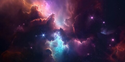 Naklejka premium Colorful space galaxy cloud nebula. Stary night cosmos. Universe science astronomy. Supernova background wallpaper created by ai