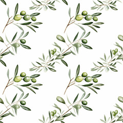 Seamless pattern of olive branches in watercolor style on white background. Design template for cosmetics advertising, eco-friendly products, textile print and fabric	