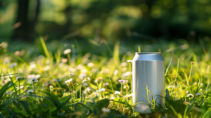 White Soda Can Mockup Placed in a Natural Setting with Wildflowers