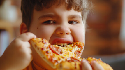 Close shot of an obese child eating pizza, with obvious hunger on his face. A boy with his mouth wide open takes a bite of a fatty, unhealthy meal.