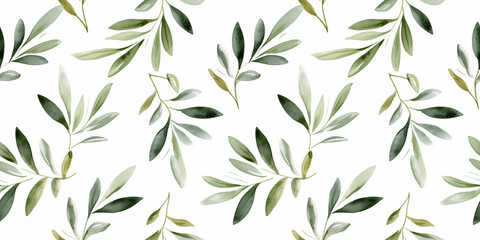 Naklejka premium Seamless pattern of olive branches in watercolor style on white background. Design template for cosmetics advertising, eco-friendly products, textile print and fabric