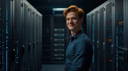 Fototapeta premium Happy Male Technician in Data Center Surrounded by Blue LED Lights