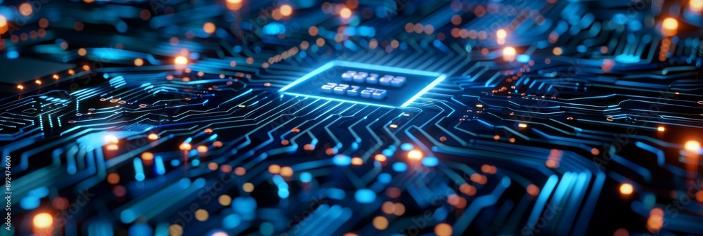 Poster a modern microchip on a circuit board with neon lights shows advanced technology and intricate detai
