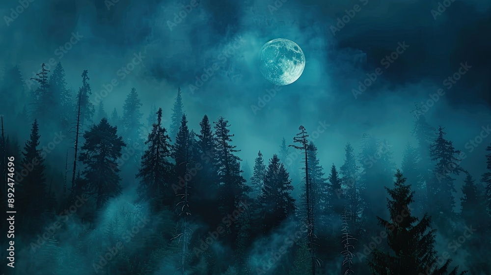 Poster a large moon is shining through the trees in a forest. the sky is dark and the trees are tall and de