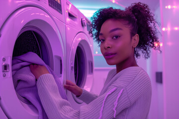 A woman is standing in front of a dryer, holding a towel