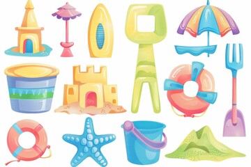 Fototapeta premium A colorful assortment of beach toys, including a bucket, shovel, and sandcastle molds, perfect for summer fun. Ideal for kids' party invitations, beach-themed crafts, and more.