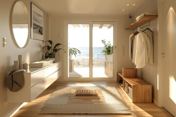 Scandinavian-style entrance hall featuring a Garderobe's continuation set with a mirror, shoe cabinet, and bench in white high gloss and light oak wood, showcasing modern interior design.