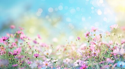 flowers with blue sky. Beautiful spring blurred background, a blossoming meadow filled with flowers under a serene blue sky