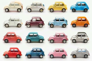 A colorful arrangement of toy cars in different shapes and sizes, showcasing a variety of hues and designs. The cars are scattered randomly, creating a playful and lively atmosphere.