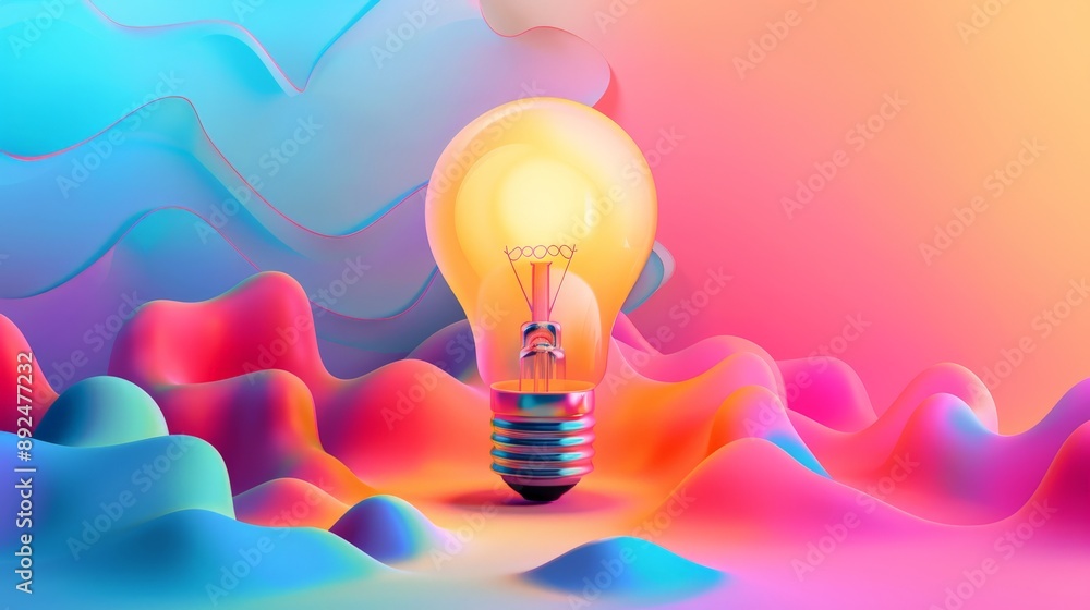 Poster Light bulb with colorful abstract wavy background representing creativity and ideas. Concept of innovation and inspiration.