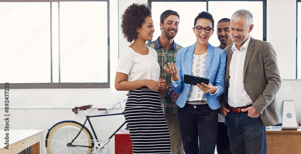 Poster group, tablet and business people training, discussion or coaching in startup office. creative team,