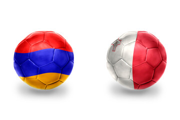 football balls with national flags of malta and armenia , soccer teams. on the white background.