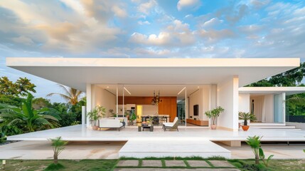 Fototapeta premium Sleek, white minimalist home with a striking flat roof and expansive patio area, set against a lush green backdrop Include copy space for text
