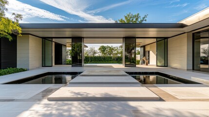 Fototapeta premium Sleek suburban luxury home featuring a flat roof, geometric lines, and a discreet water feature at the entrance