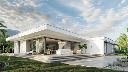 Sleek, white minimalist home with a striking flat roof and expansive patio area, set against a lush green backdrop Include copy space for text