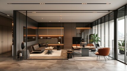 luxurious office design, elegant office design featuring glass dividers, contemporary furnishings, and quiet ac, ensuring a balance between style and coziness