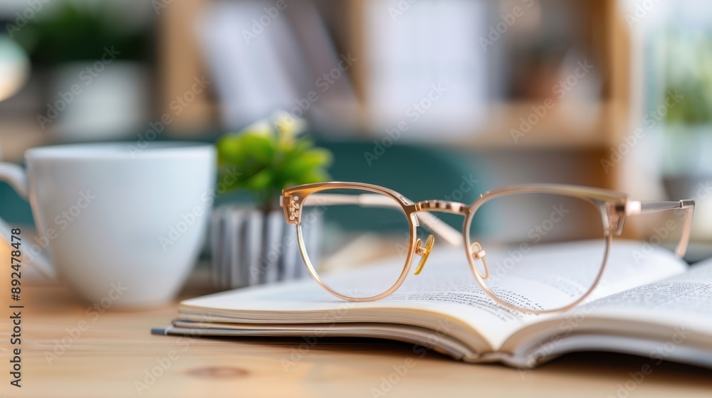 Poster the image showcases a pair of eyeglasses resting on an open book with a coffee mug and a small plant