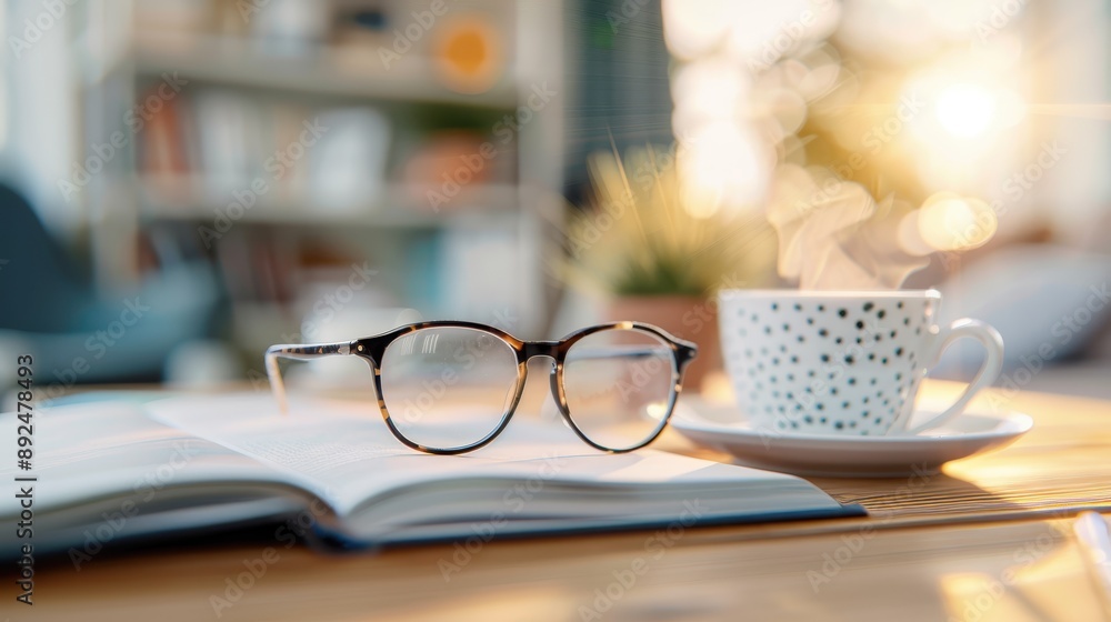 Poster this image presents a scene with eyeglasses placed on an open book, next to a polka dot coffee cup a