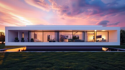 Fototapeta premium Sleek, white modern home with expansive front porch and large, frameless windows, set against a vibrant sunset