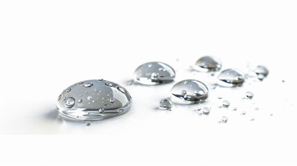 A collection of tiny water droplets sit on a clean white surface